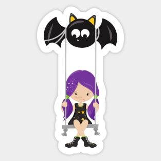 Halloween, Witch On A Swing, Bat, Trick Or Treat Sticker